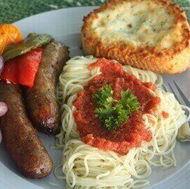 Sausage Peppers Onions Pasta Plated