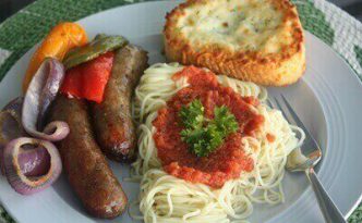Sausage Peppers Onions Pasta Plated
