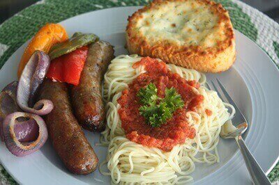 Sausage Peppers Onions Pasta Plated